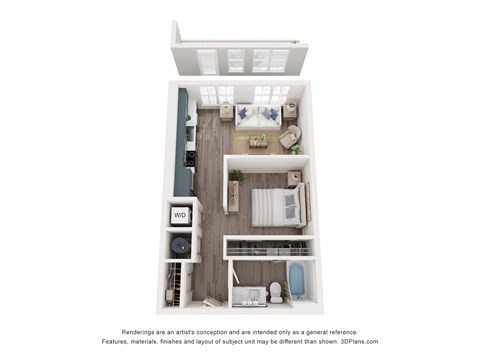 Floor plan for studio, 1 bath, 585 sqft